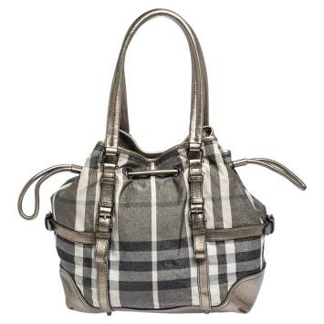 Pre Owned Burberry Metallic/Grey House Check Shimmer Fabric and Leather Drawstring Buckle Tote