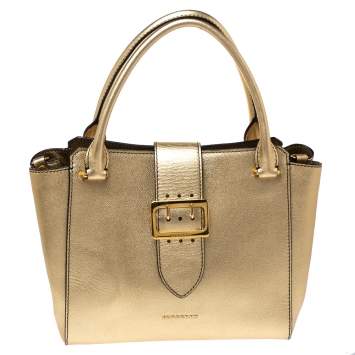 Pre Owned Burberry Metallic Gold Leather Medium Buckle Tote