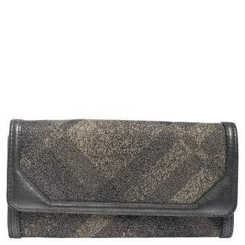 Pre Owned Burberry Metallic Grey Smoke Check Canvas and Leather Flap Continental Wallet