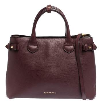 Pre Owned Burberry Burgundy Leather and House Check Fabric Medium Banner Tote