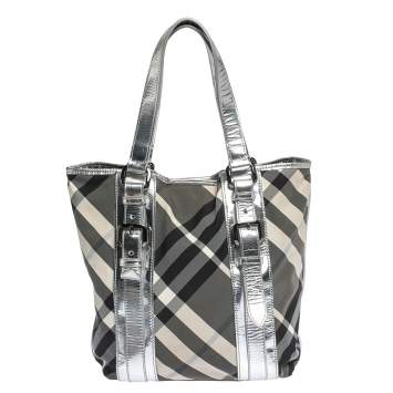Pre Owned Burberry Silver/Beat Check Nylon and Patent Leather Victoria Tote