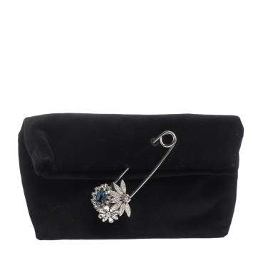 Pre Owned Burberry Black Velvet Crystal Embellished Pin Clutch