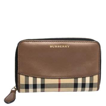 Pre Owned Burberry Brown/Beige Haymarket Check Fabric and Leather Zip Around Wallet
