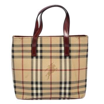 Pre Owned Burberry Beige/Red Haymarket Check Coated Canvas and Leather Small Tote