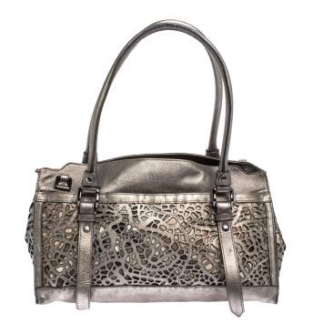 Pre Owned Burberry Metallic Grey Laser Cut Leather Satchel