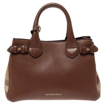 Pre Owned Burberry Tan Leather and House Check Fabric Small Banner Tote