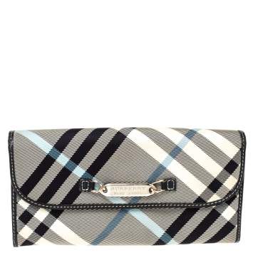 Pre Owned Burberry Blue Label Black/Blue House Check Fabric Flap Continental Wallet