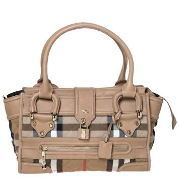 Pre Owned Burberry Beige Quilted House Check Canvas and Leather Manor Satchel