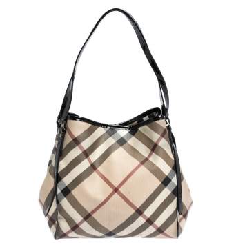 Pre Owned Burberry Black/Beige Nova Check PVC and Patent Leather Small Canterbury Tote