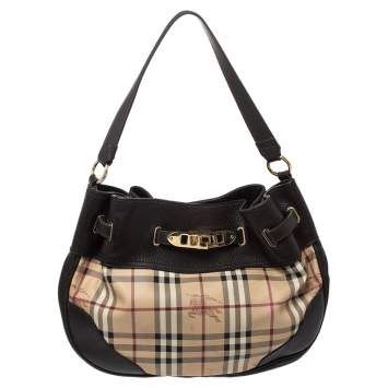 Pre Owned Burberry Dark Brown/Beige Haymarket Check PVC and Leather WIllenmore Hobo