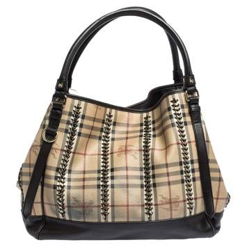 Pre Owned Burberry Dark Brown/Beige Haymarket Check PVC and Leather Stitched Chain Tote