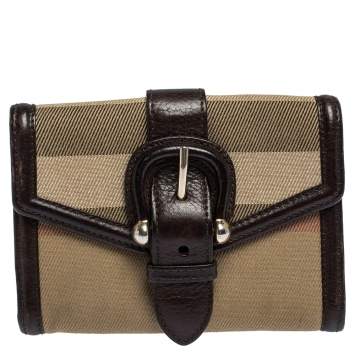 Pre Owned Burberry Brown/Beige Nova Check Canvas and Leather Buckle Compact Wallet