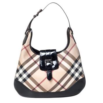 Pre Owned Burberry Beige/Black Nova Check PVC and Patent Leather Large Brooke Hobo