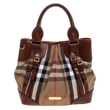 Pre Owned Burberry Brown House Check Canvas and Leather Bridle Whipstitch Tote