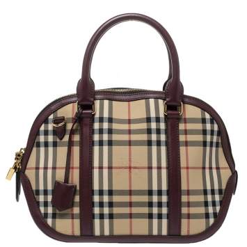 Pre Owned Burberry Burgundy/Beige Haymarket Check Canvas and Leather Small Orchard Bowler Bag