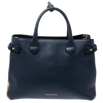 Pre Owned Burberry Blue Leather and House Check Fabric Medium Banner Tote
