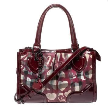 Pre Owned Burberry Burgundy Nova Check PVC and Patent Leather Heart Pilgrim Satchel