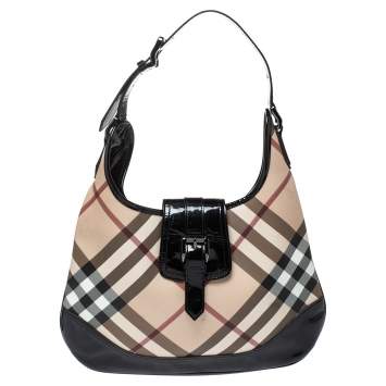 Pre Owned Burberry Black/Beige Nova Check PVC and Patent Leather Large Brooke Hobo