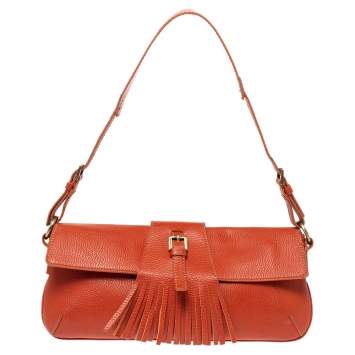 Pre Owned Burberry Orange Leather Fringe Flap Shoulder Bag