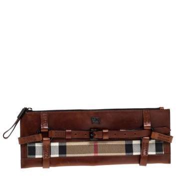 Pre Owned Burberry Brown Leather and House Check Canvas Clutch