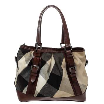 Pre Owned Burberry Beige/Brown Mega Check Canvas and Leather Lowry Tote