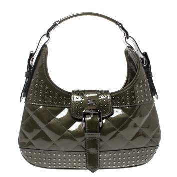 Pre Owned Burberry Olive Green Patent Leather Studded Brooke Hobo