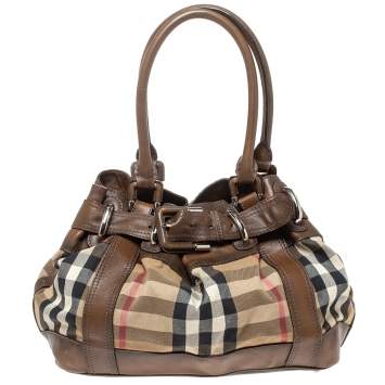 Pre Owned Burberry Brown House Check Canvas and Leather Large Beaton Tote