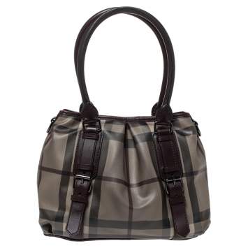 Pre Owned Burberry Dark Burgundy House Check PVC and Leather Lowry Shoulder Bag