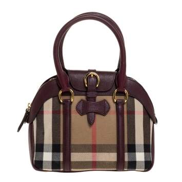 Pre Owned Burberry Burgundy House Check Canvas and Leather Small Milverton Satchel