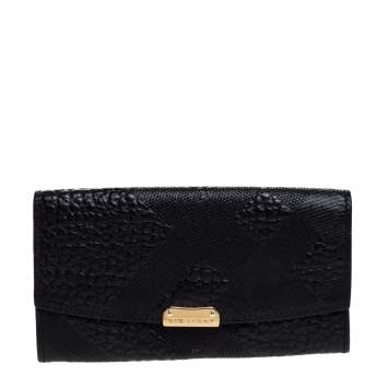 Pre Owned Burberry Black Embossed Check Leather Continental Wallet