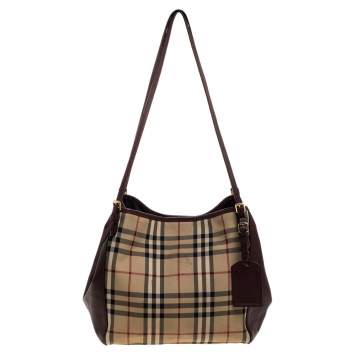 Pre Owned Burberry Beige/Burgundy Haymarket Check Coated Canvas and Leather Small Canterbury Tote