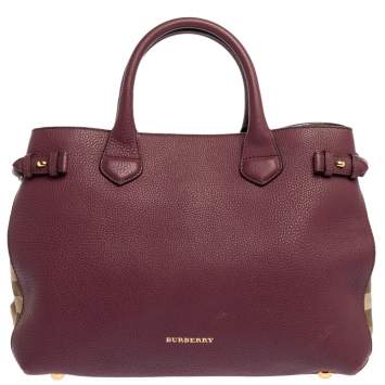 Pre Owned Burberry Burgundy Leather and House Check Fabric Medium Banner Tote