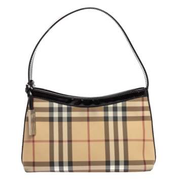 Pre Owned Burberry Beige/Black House Check PVC and Patent Leather Baguette Bag