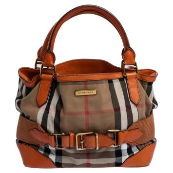 Pre Owned Burberry Beige/Orange House Check Fabric and Leather Sheldon Tote