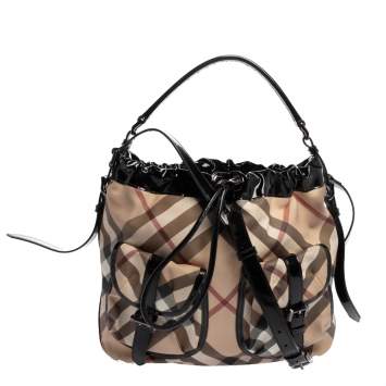 Pre Owned Burberry Beige/Black Nova Check PVC and Patent Leather Hobo