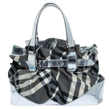 Pre Owned Burberry Silver Smoked Check Nylon and Patent Leather Belted Satchel