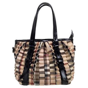 Pre Owned Burberry Black/Beige House Check PVC and Patent Leather Lowry Ruffle Tote