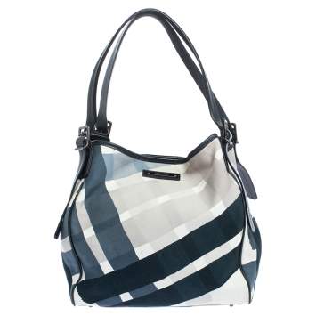 Pre Owned Burberry Navy Blue/Beige Nova Check Canvas and Leather Tote