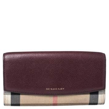 Pre Owned Burberry Burgundy House Check Canvas and Leather Flap Continental Wallet