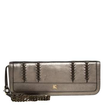 Pre Owned Burberry Metallic Olive Green Leather Wristlet Clutch