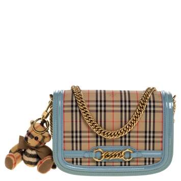 Pre Owned Burberry Light Blue/Beige House Check Canvas and Patent Leather Link Flap Shoulder Bag