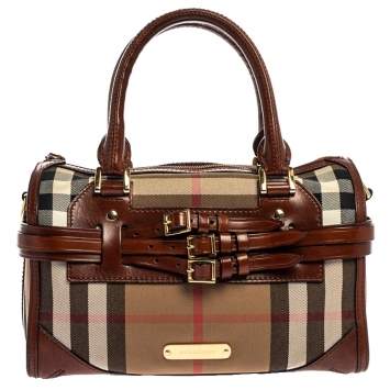 Pre Owned Burberry Beige/Brown House Check Fabric and Leather Bridle Chester Bowling Bag