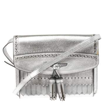 Pre Owned Burberry Silver Leather Macken Broguing Tassel Shoulder Bag