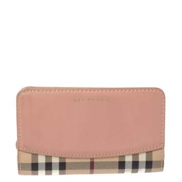Pre Owned Burberry Beige/Peach Haymarket Check Canvas and Leather Bifold Wallet
