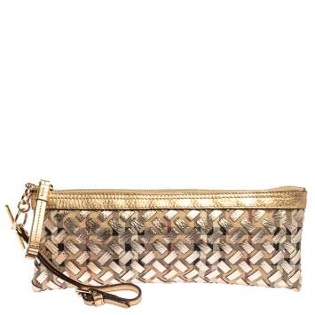 Pre Owned Burberry Beige/Gold Haymarket Check Coated Canvas and Leather Zip Wristlet Clutch