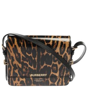 Pre Owned Burberry Black Leopard Print Leather Small Grace Crossbody Bag 