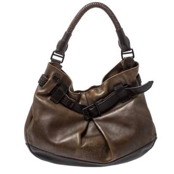Pre Owned Burberry Dark Brown Logo Embossed Leather Buckle Detail Hobo