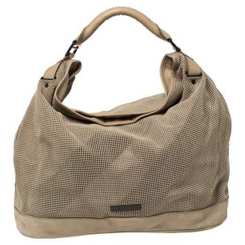 Pre Owned Burberry Beige Perforated Suede and Leather Oversized Hobo