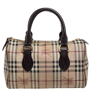 Pre Owned Burberry Beige/Brown Haymarket Check PVC and Leather Boston Bag