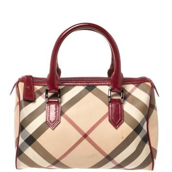 Pre Owned Burberry Red/Beige Nova Check Coated Canvas and Patent Leather Boston Bag